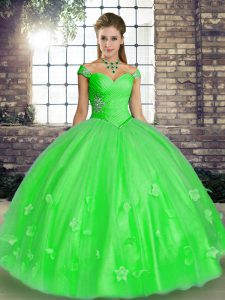 Adorable Floor Length Lace Up Quince Ball Gowns Green for Military Ball and Sweet 16 and Quinceanera with Beading and Ap
