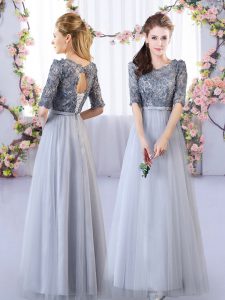 Best Floor Length Lace Up Court Dresses for Sweet 16 Grey for Wedding Party with Appliques