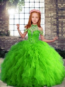 Tulle Lace Up Halter Top Sleeveless Floor Length Little Girls Pageant Dress Beading and Ruffles