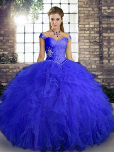 Off The Shoulder Sleeveless Tulle Quinceanera Dresses Beading and Ruffles Lace Up