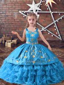 Wonderful Baby Blue Sleeveless Satin and Organza Lace Up Little Girls Pageant Dress for Wedding Party