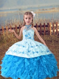 Floor Length Lace Up Pageant Dress Baby Blue for Wedding Party with Beading and Embroidery and Ruffles
