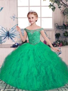 Green Tulle Lace Up Off The Shoulder Sleeveless Floor Length Pageant Dress Womens Beading