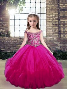 Dramatic Fuchsia Off The Shoulder Lace Up Beading Little Girl Pageant Gowns Sleeveless
