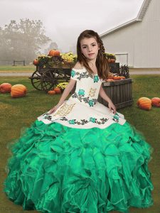 Fashion Turquoise Organza Lace Up Straps Sleeveless Floor Length Pageant Dresses Embroidery and Ruffles