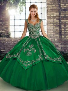 Sleeveless Tulle Floor Length Lace Up Quince Ball Gowns in Green with Beading and Embroidery