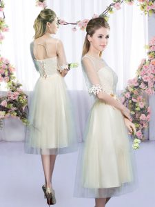 Sophisticated Lace and Bowknot Bridesmaids Dress Champagne Lace Up Half Sleeves Tea Length