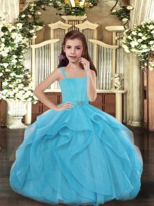 Ball Gowns Little Girl Pageant Dress Blue Straps Tulle Sleeveless Floor Length Lace Up