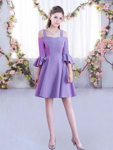 Glittering Lavender A-line Off The Shoulder Half Sleeves Chiffon Mini Length Zipper Ruching Quinceanera Dama Dress