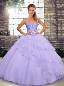 Comfortable Lavender Ball Gowns Beading and Ruffled Layers Sweet 16 Dresses Lace Up Tulle Sleeveless