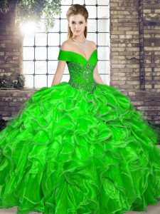 Sophisticated Green Ball Gowns Beading and Ruffles Quinceanera Gowns Lace Up Organza Sleeveless Floor Length