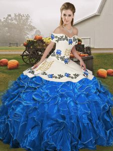 Traditional Embroidery and Ruffles 15th Birthday Dress Blue And White Lace Up Sleeveless Floor Length