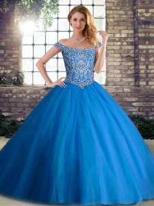 Perfect Blue Sleeveless Brush Train Beading Sweet 16 Dresses
