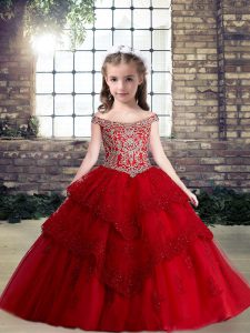 Cheap Red Ball Gowns Tulle Off The Shoulder Sleeveless Lace and Appliques Floor Length Lace Up Kids Pageant Dress