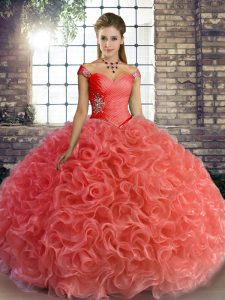 High Quality Watermelon Red Sleeveless Floor Length Beading Lace Up Quinceanera Dress