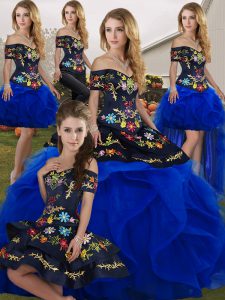 Flirting Off The Shoulder Sleeveless Quinceanera Gowns Floor Length Embroidery and Ruffles Royal Blue Tulle