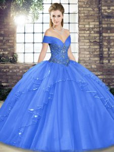 Blue Sleeveless Floor Length Beading and Ruffles Lace Up Quinceanera Dress