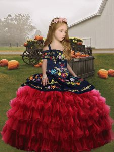 Low Price Floor Length Lace Up Little Girls Pageant Gowns Red for Party and Wedding Party with Embroidery