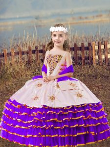 Straps Sleeveless Pageant Dress for Teens Floor Length Beading and Embroidery and Ruffled Layers Lavender Organza