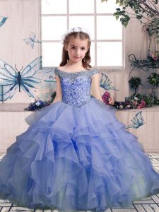 Lavender Ball Gowns Off The Shoulder Sleeveless Organza Floor Length Lace Up Beading and Ruffles Pageant Dress for Girls