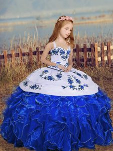Gorgeous Royal Blue Ball Gowns Straps Sleeveless Organza Floor Length Lace Up Embroidery and Ruffles Little Girl Pageant