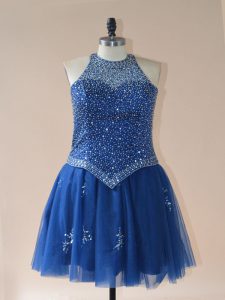 Royal Blue Tulle Lace Up Dress for Prom Sleeveless Mini Length Beading