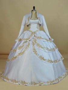 Admirable Straps Sleeveless Quinceanera Dresses Floor Length Embroidery White Satin