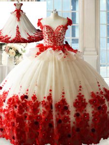 Scoop Sleeveless Sweet 16 Quinceanera Dress Brush Train Hand Made Flower White And Red Tulle