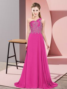 Pretty Fuchsia Side Zipper Prom Gown Beading Sleeveless Floor Length