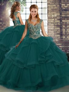 Charming Peacock Green Tulle Lace Up Quince Ball Gowns Sleeveless Floor Length Beading and Ruffles