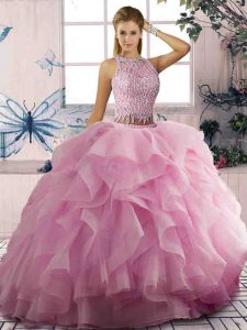 Beautiful Pink Tulle Zipper Sweet 16 Dress Sleeveless Floor Length Beading and Ruffles