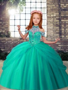 Turquoise Sleeveless Floor Length Beading Lace Up Pageant Dress Toddler