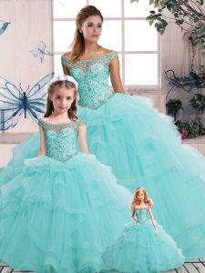 Noble Aqua Blue Ball Gowns Beading and Ruffles 15th Birthday Dress Lace Up Tulle Sleeveless Floor Length