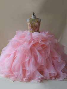 Baby Pink Organza Backless Quinceanera Gowns Sleeveless Brush Train Beading and Ruffles