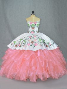 Sweetheart Sleeveless Sweet 16 Dress Floor Length Embroidery and Ruffles Pink Organza