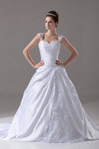 High Quality Straps Sleeveless Brush Train Lace Up Wedding Gown White Taffeta