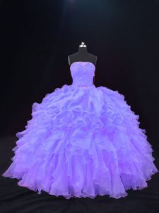 Flirting Ball Gowns Quinceanera Dresses Purple Strapless Organza Sleeveless Floor Length Lace Up