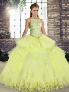 Yellow Tulle Lace Up Quinceanera Gowns Sleeveless Floor Length Lace and Embroidery and Ruffles