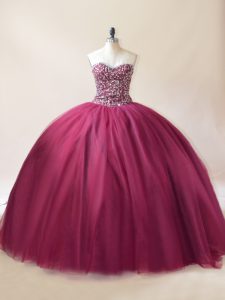 Lovely Ball Gowns 15th Birthday Dress Burgundy Sweetheart Tulle Sleeveless Floor Length Lace Up