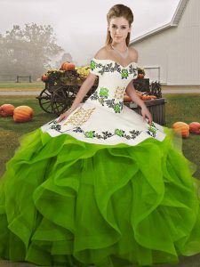 Nice Off The Shoulder Sleeveless Quinceanera Gowns Floor Length Embroidery and Ruffles Green Tulle