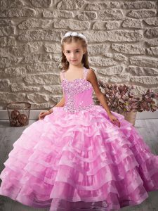 Trendy Lilac Ball Gowns Straps Sleeveless Organza Brush Train Lace Up Beading and Ruffled Layers Little Girl Pageant Dre