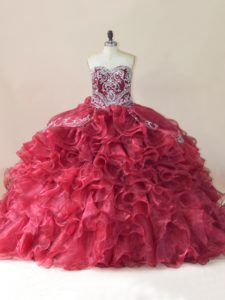 Beading and Appliques and Ruffles Vestidos de Quinceanera Wine Red Lace Up Sleeveless Brush Train