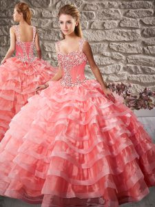 Straps Sleeveless Court Train Lace Up Quinceanera Gowns Watermelon Red Organza