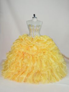 Popular Ball Gowns 15 Quinceanera Dress Yellow Sweetheart Organza Sleeveless Floor Length Lace Up