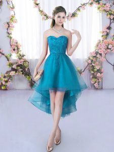 Excellent Teal Tulle Lace Up Bridesmaids Dress Sleeveless High Low Lace