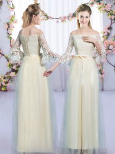 Spectacular Floor Length Champagne Wedding Guest Dresses Tulle 3 4 Length Sleeve Lace and Bowknot