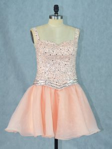 Peach A-line Straps Sleeveless Organza Mini Length Lace Up Beading Prom Gown