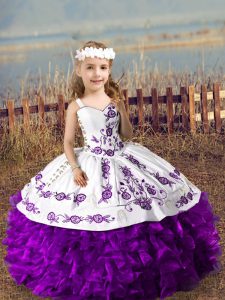 Straps Sleeveless Girls Pageant Dresses Floor Length Embroidery and Ruffles Purple Organza