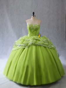 Sleeveless Organza and Tulle Brush Train Lace Up Quinceanera Dresses in Yellow Green with Appliques and Ruffles