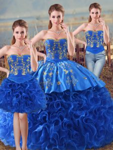 Low Price Royal Blue Sweetheart Neckline Embroidery and Ruffles Quinceanera Dress Sleeveless Lace Up
